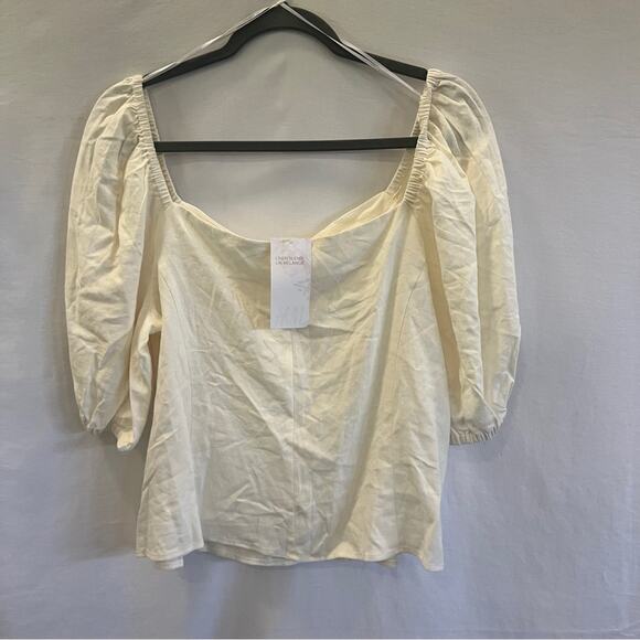 H&M Cream Ruched Puff Sleeve Linen Blend Blouse Large Cropped Cottagecore Airy - Picture 2 of 7